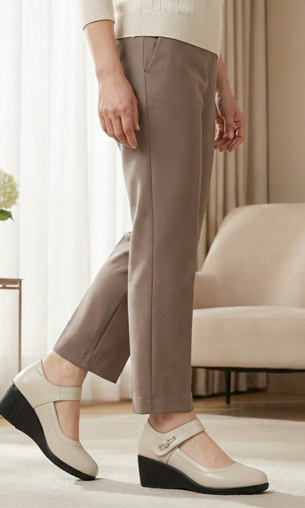 Close-up of the beige Alana mid-heel comfort shoes, focusing on the decorative detail on the strap and the refined leather texture.