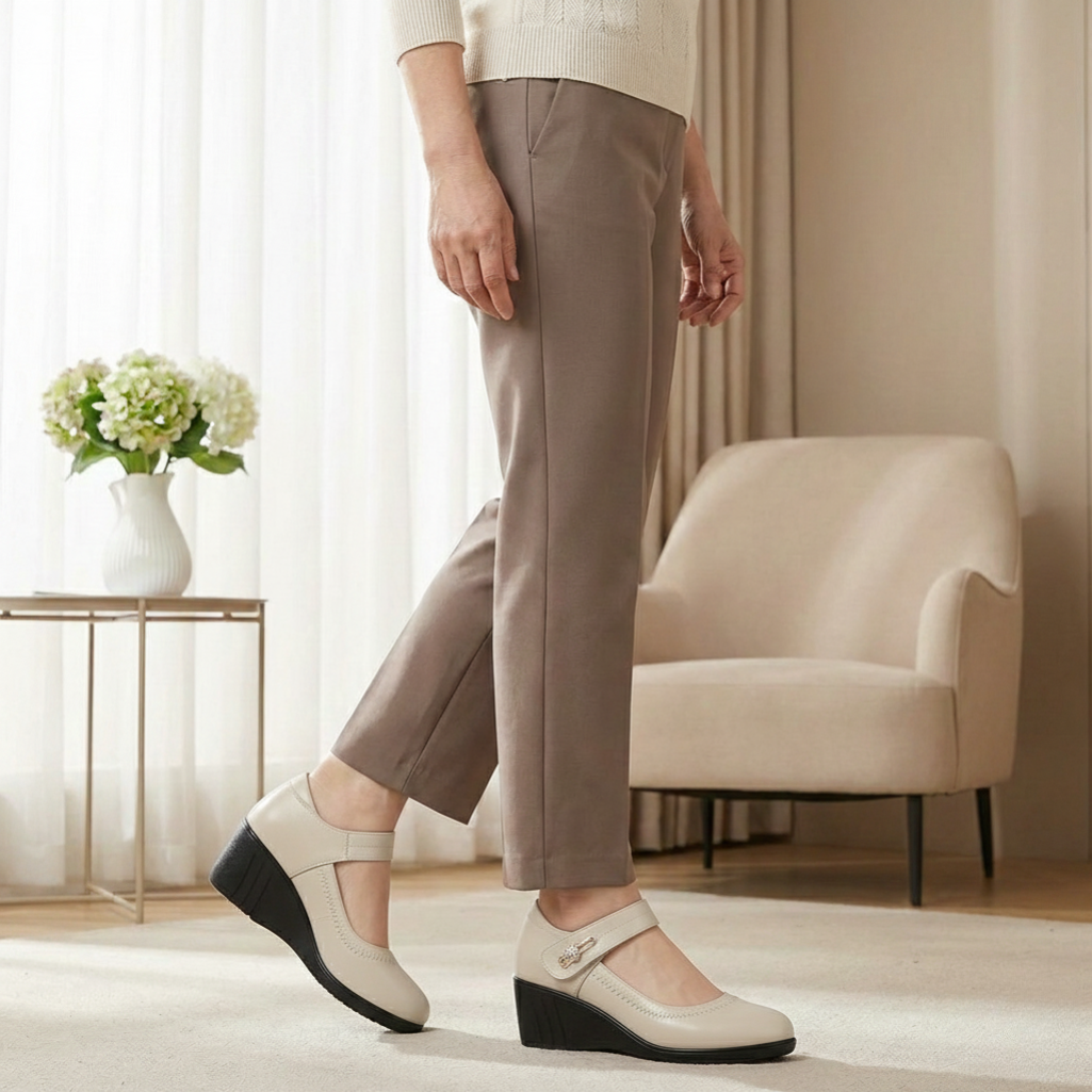 Close-up of the beige Alana mid-heel comfort shoes, focusing on the decorative detail on the strap and the refined leather texture.