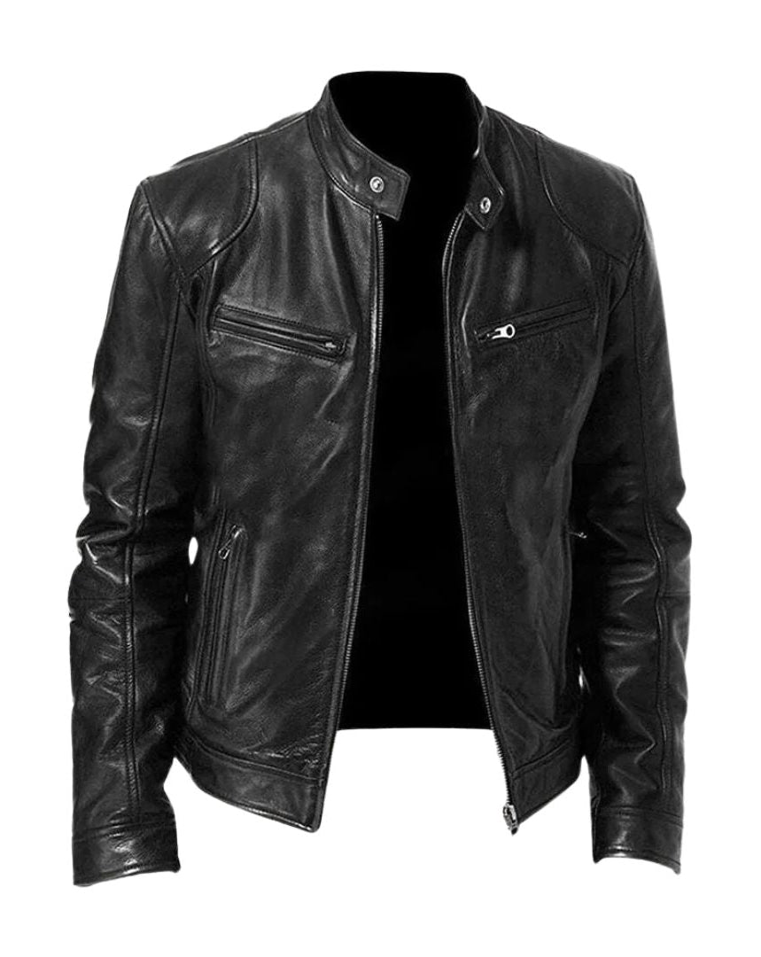 Front view of a black Alden men's leather jacket, showcasing its sleek design and premium texture.