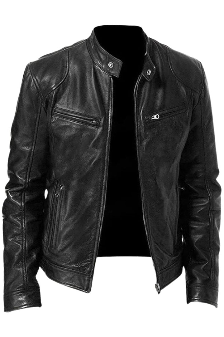 Front view of a black Alden men's leather jacket, showcasing its sleek design and premium texture.