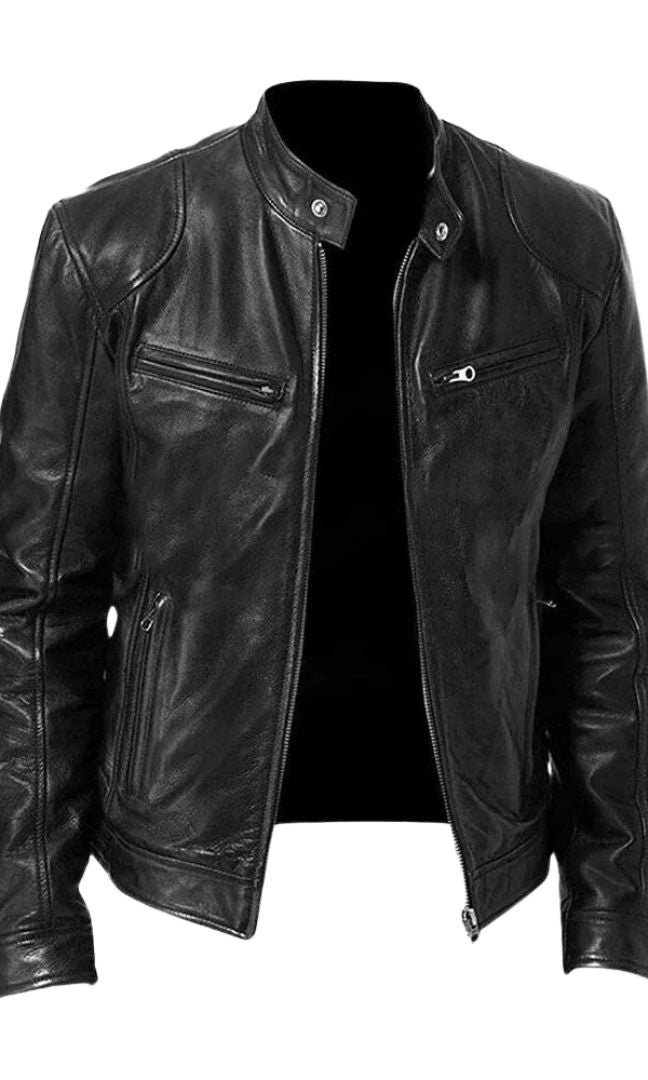 Front view of a black Alden men's leather jacket, showcasing its sleek design and premium texture.
