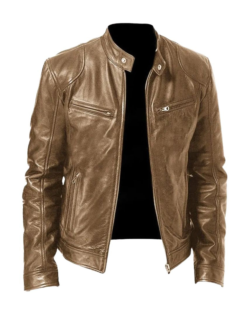 Interior lining detail of the dark brown Alden leather jacket, suggesting comfort and quality.
