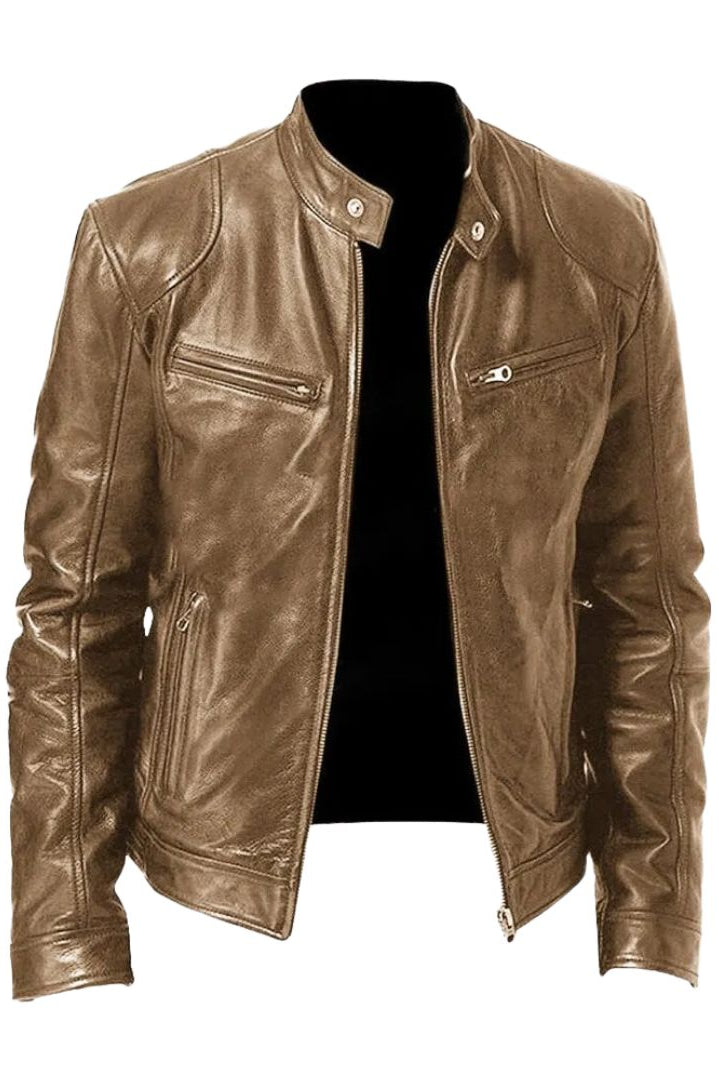 Interior lining detail of the dark brown Alden leather jacket, suggesting comfort and quality.