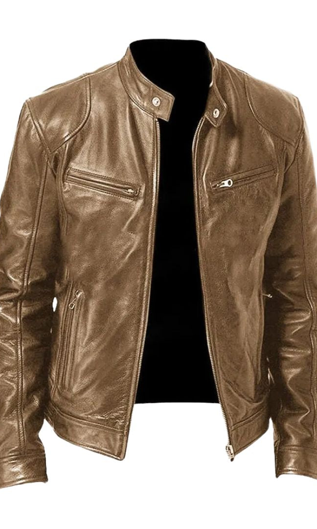 Interior lining detail of the dark brown Alden leather jacket, suggesting comfort and quality.