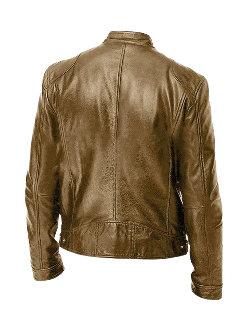 Alden men's leather jacket in dark green, styled with a simple t-shirt, for an effortlessly cool look.