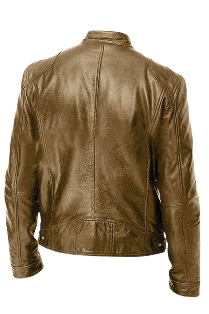 Alden men's leather jacket in dark green, styled with a simple t-shirt, for an effortlessly cool look.