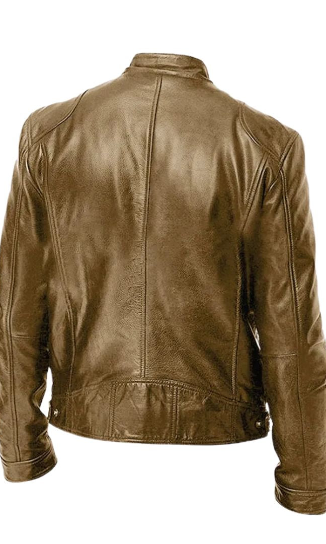 Alden men's leather jacket in dark green, styled with a simple t-shirt, for an effortlessly cool look.