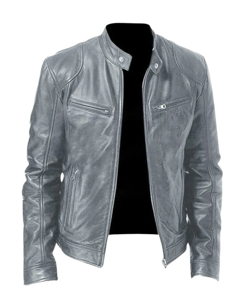 A model wearing the navy blue Alden leather jacket, captured in motion to show its comfortable fit.
