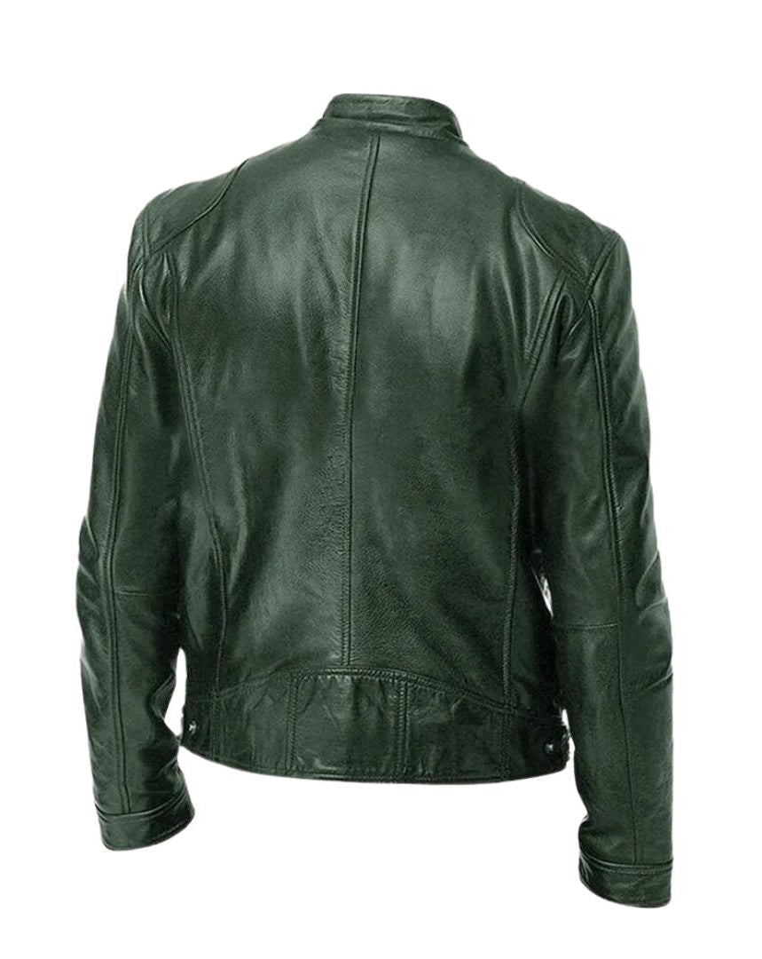 Khaki Alden leather jacket with visible stitching details, emphasizing its robust construction.