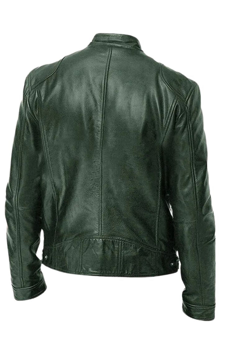 Khaki Alden leather jacket with visible stitching details, emphasizing its robust construction.