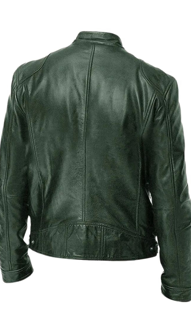 Khaki Alden leather jacket with visible stitching details, emphasizing its robust construction.