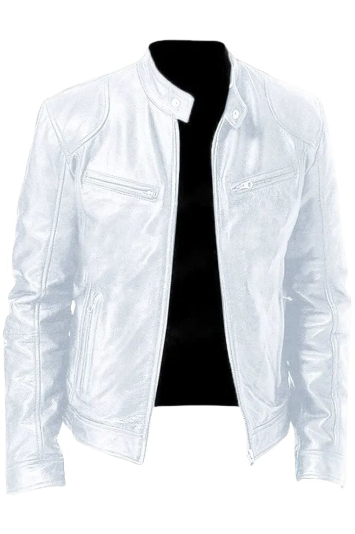 A grey Alden men's leather jacket paired with denim, perfect for a rugged yet stylish ensemble.