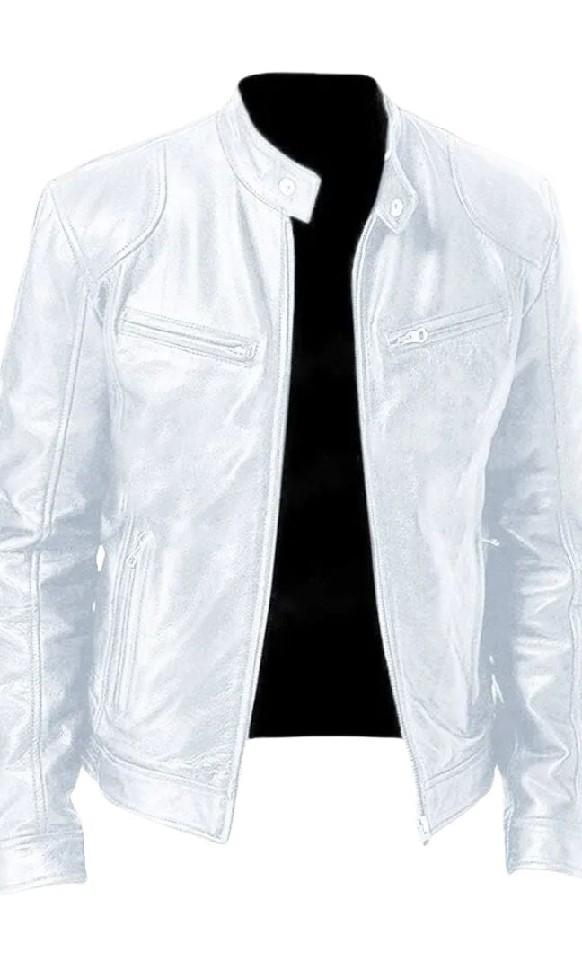 A grey Alden men's leather jacket paired with denim, perfect for a rugged yet stylish ensemble.