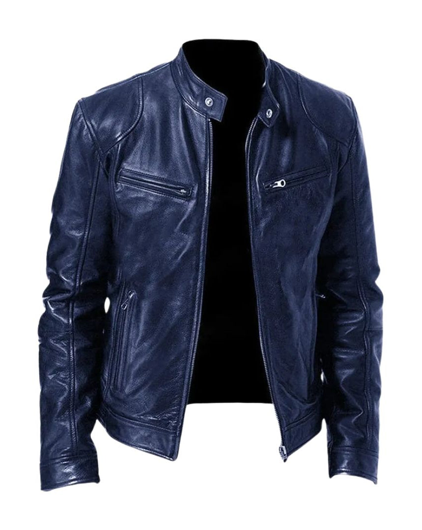 White Alden leather jacket displayed against a contrasting background, highlighting its striking appearance.
