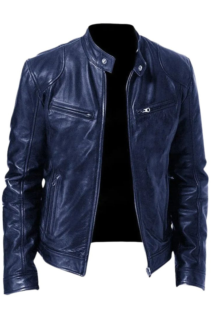 White Alden leather jacket displayed against a contrasting background, highlighting its striking appearance.