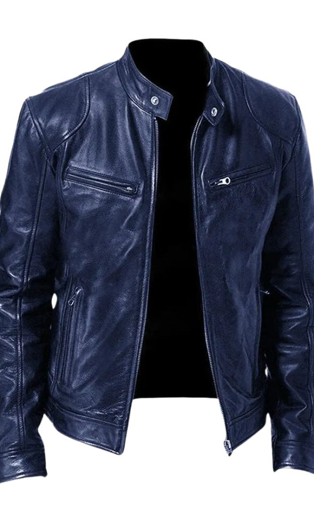 White Alden leather jacket displayed against a contrasting background, highlighting its striking appearance.