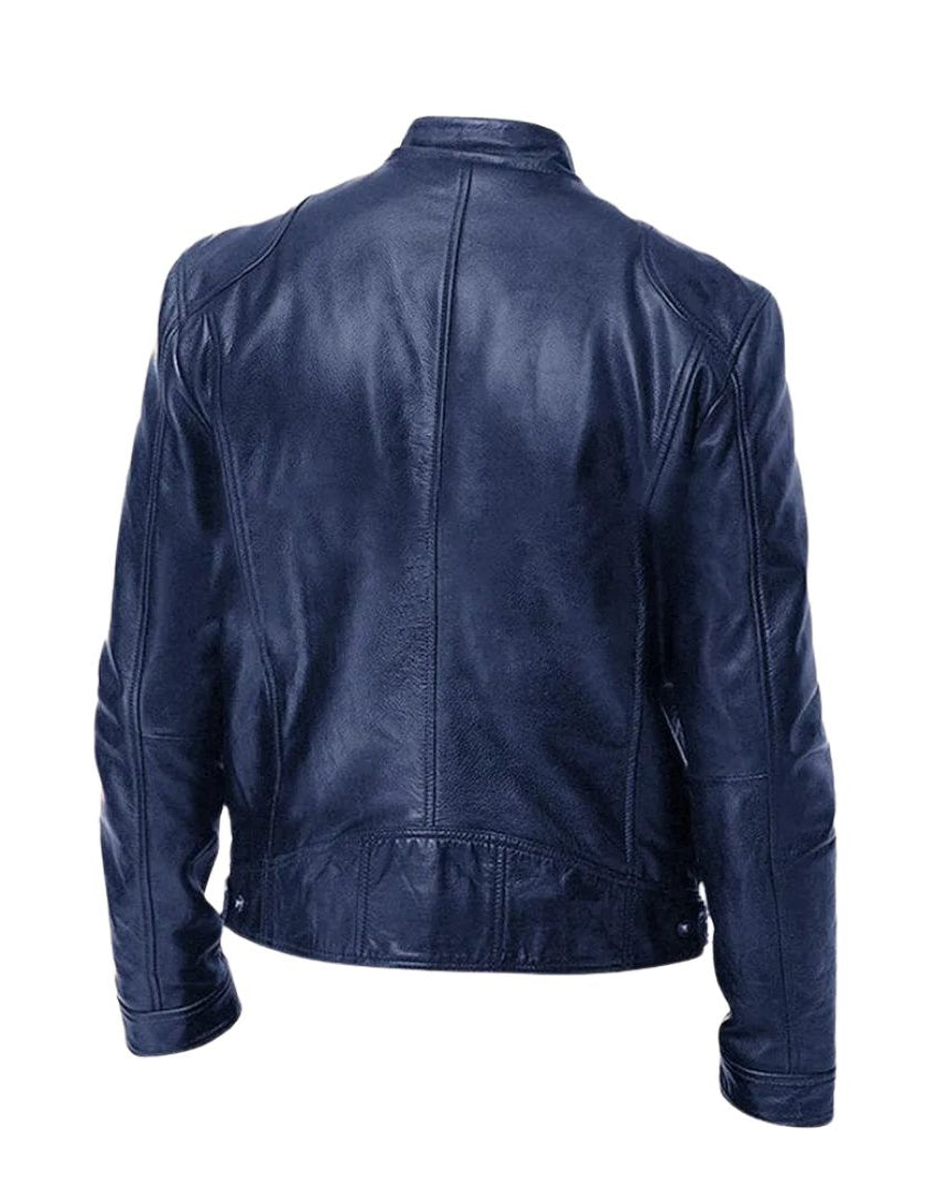 Full-length shot of a model wearing the black Alden men's leather jacket, showcasing its overall fit and drape.