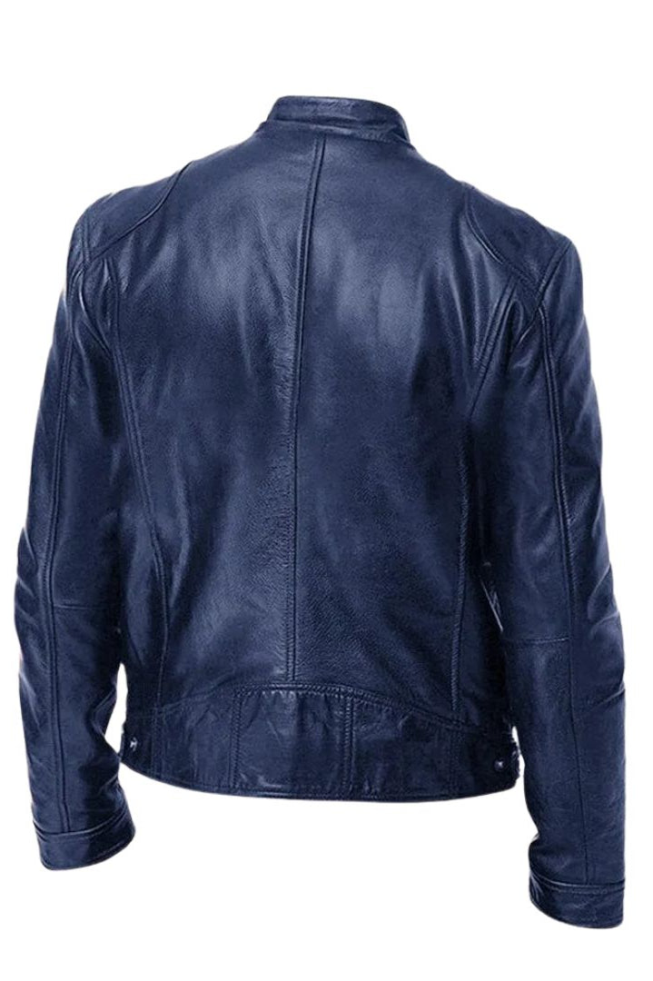 Full-length shot of a model wearing the black Alden men's leather jacket, showcasing its overall fit and drape.
