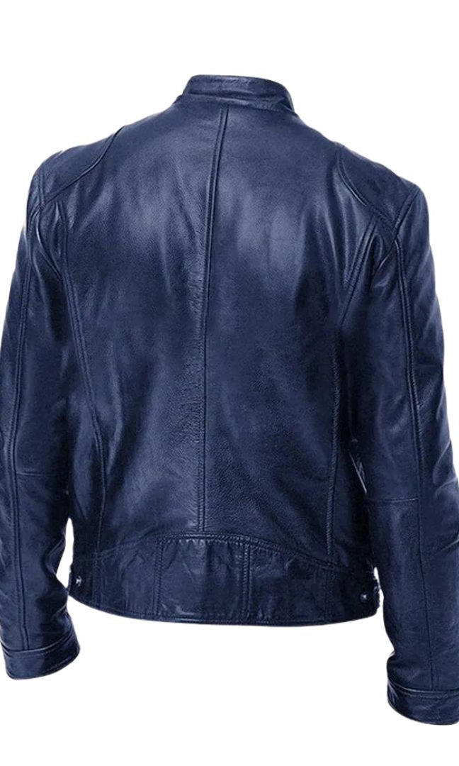 Full-length shot of a model wearing the black Alden men's leather jacket, showcasing its overall fit and drape.