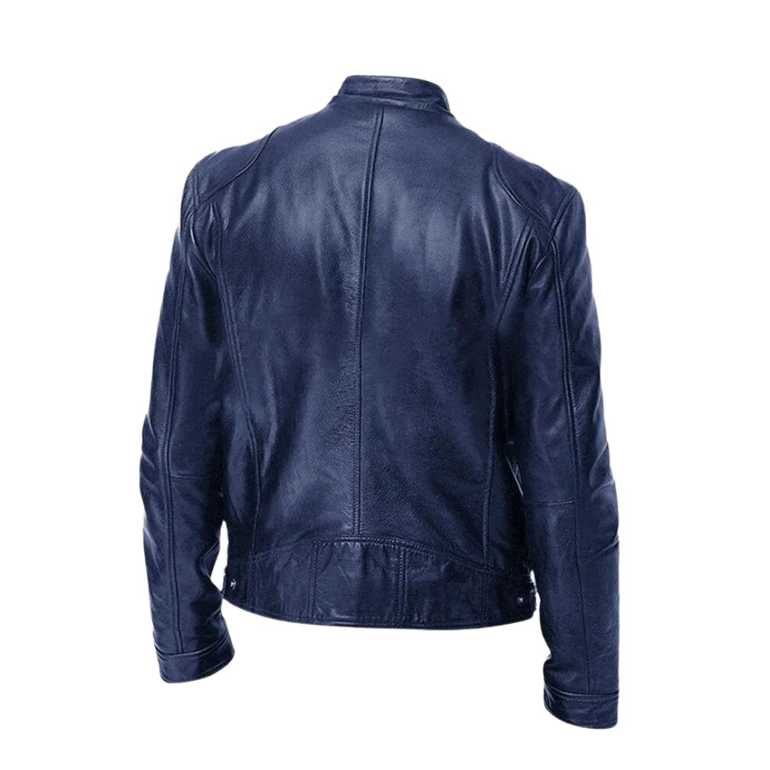 Full-length shot of a model wearing the black Alden men's leather jacket, showcasing its overall fit and drape.