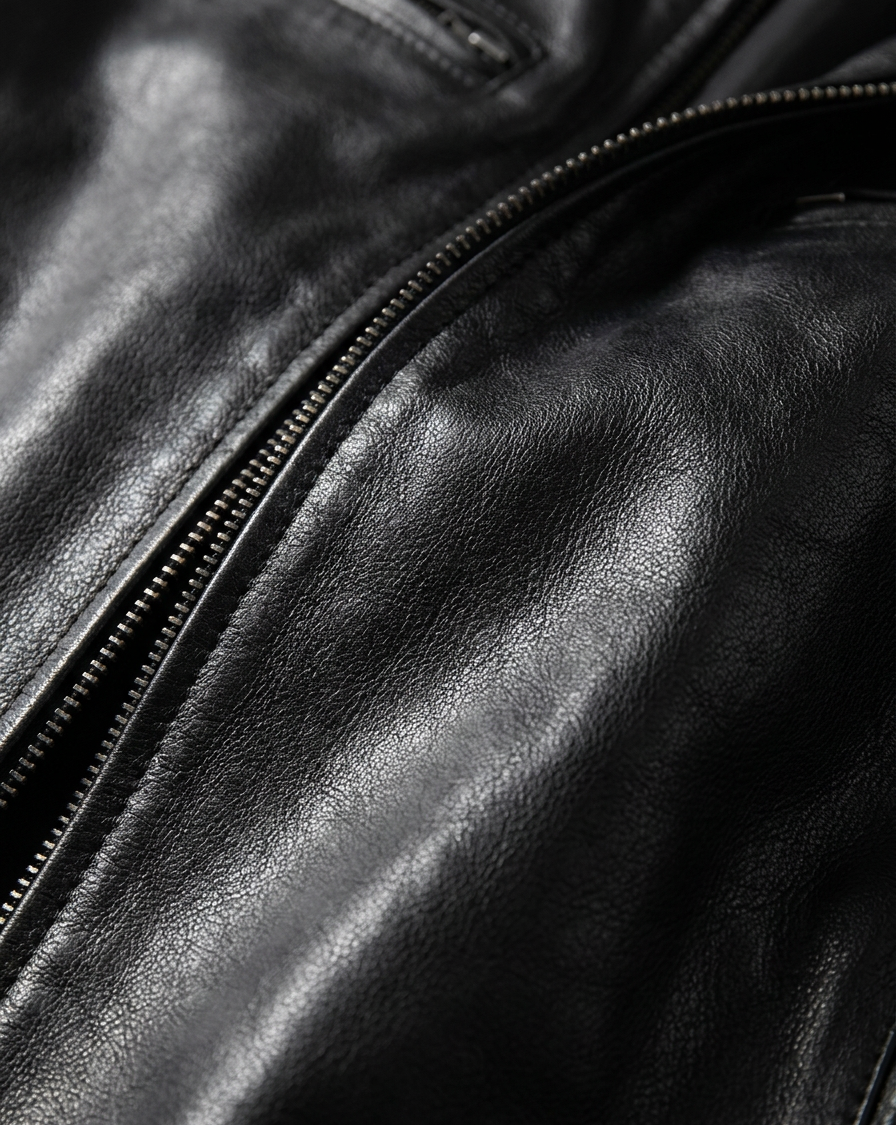 Side profile of the Alden leather jacket in dark brown, highlighting the tailored cut and quality stitching.