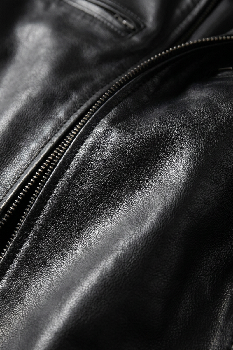 Side profile of the Alden leather jacket in dark brown, highlighting the tailored cut and quality stitching.