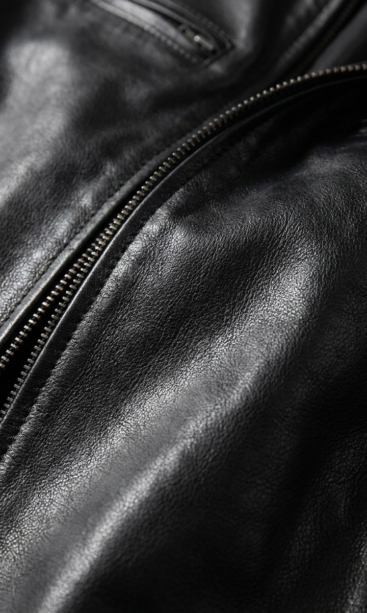 Side profile of the Alden leather jacket in dark brown, highlighting the tailored cut and quality stitching.