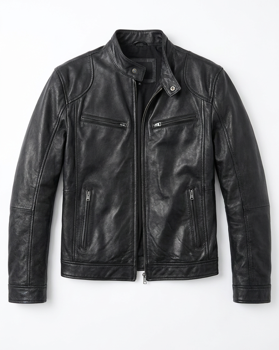 Close-up detail of the collar and zipper on a dark green Alden men's leather jacket, emphasizing craftsmanship.