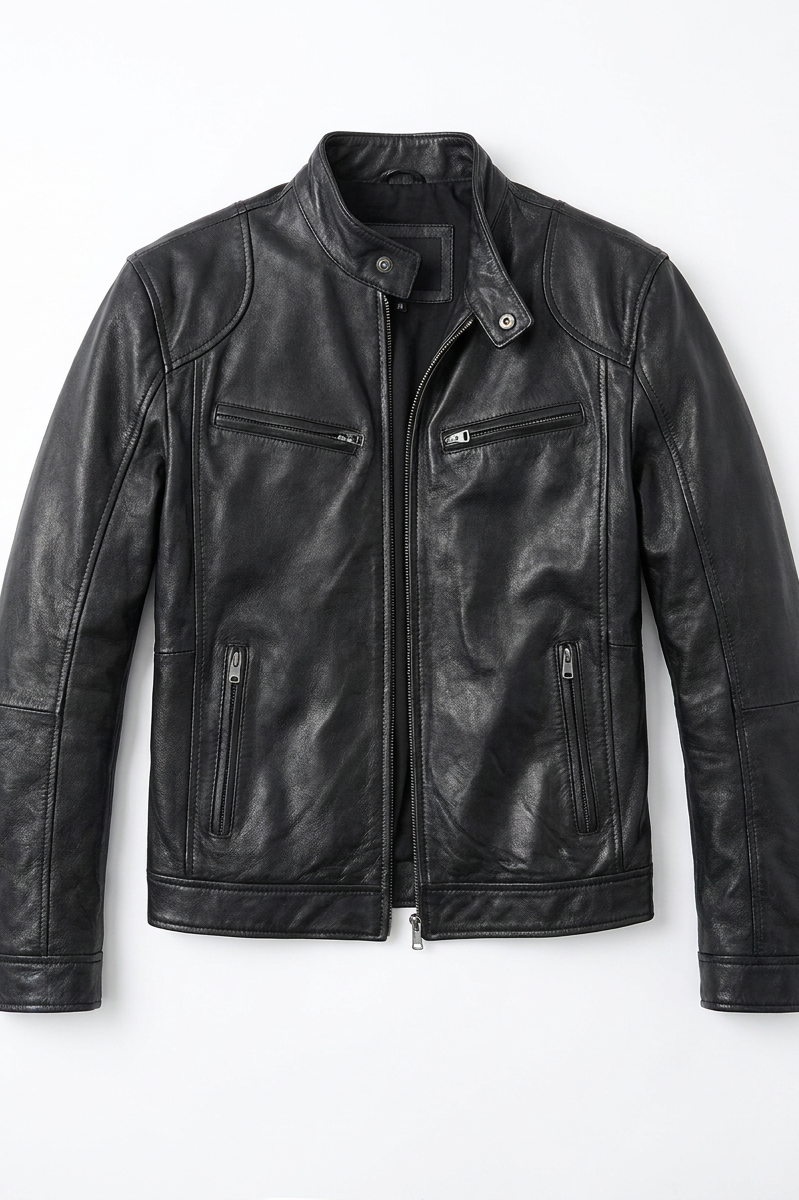 Close-up detail of the collar and zipper on a dark green Alden men's leather jacket, emphasizing craftsmanship.