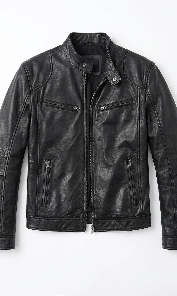 Close-up detail of the collar and zipper on a dark green Alden men's leather jacket, emphasizing craftsmanship.