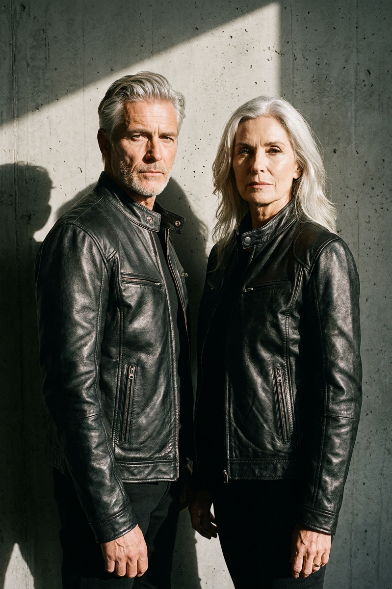 Back view of a navy blue Alden leather jacket, showing its smooth finish and classic silhouette.