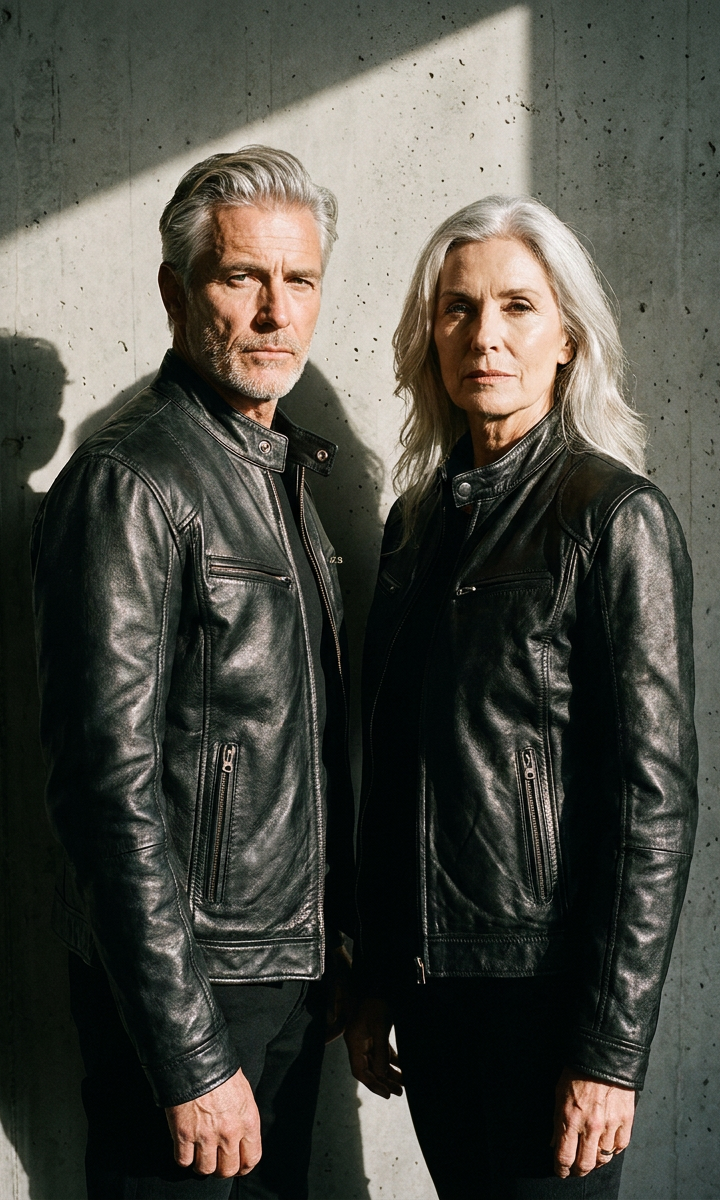Back view of a navy blue Alden leather jacket, showing its smooth finish and classic silhouette.