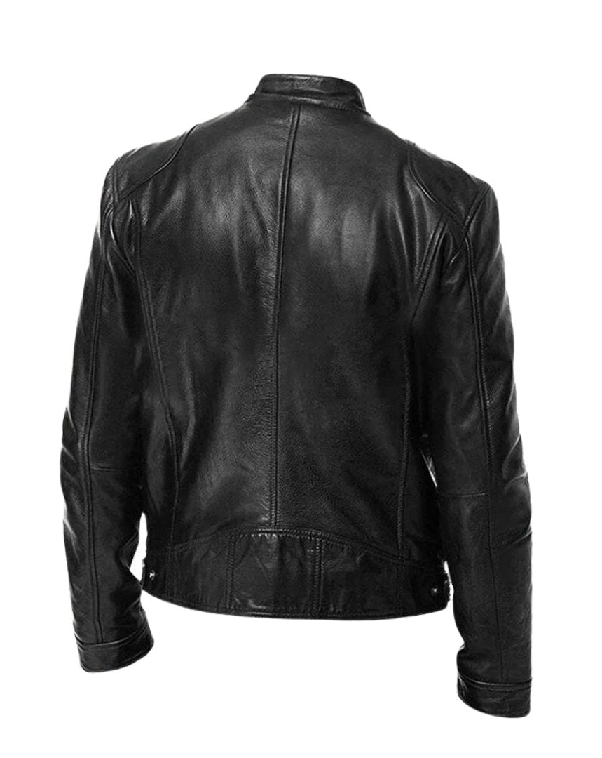 Alden men's leather jacket in burgundy, worn by a model in a casual setting, demonstrating its versatile appeal.