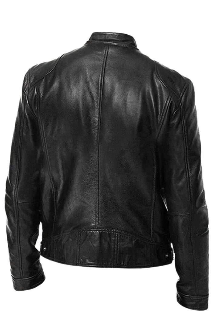 Alden men's leather jacket in burgundy, worn by a model in a casual setting, demonstrating its versatile appeal.