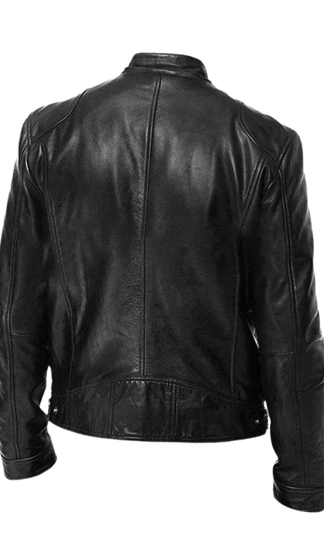 Alden men's leather jacket in burgundy, worn by a model in a casual setting, demonstrating its versatile appeal.