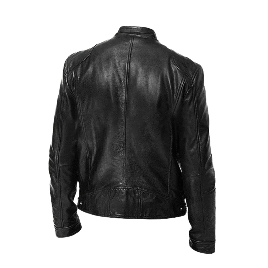 Alden men's leather jacket in burgundy, worn by a model in a casual setting, demonstrating its versatile appeal.