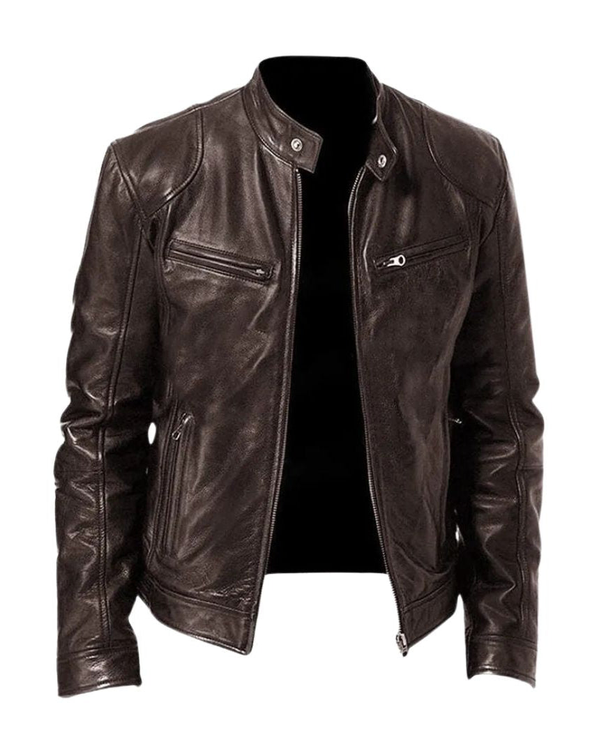 Texture shot of the khaki Alden leather jacket material, revealing the fine grain of the premium leather.