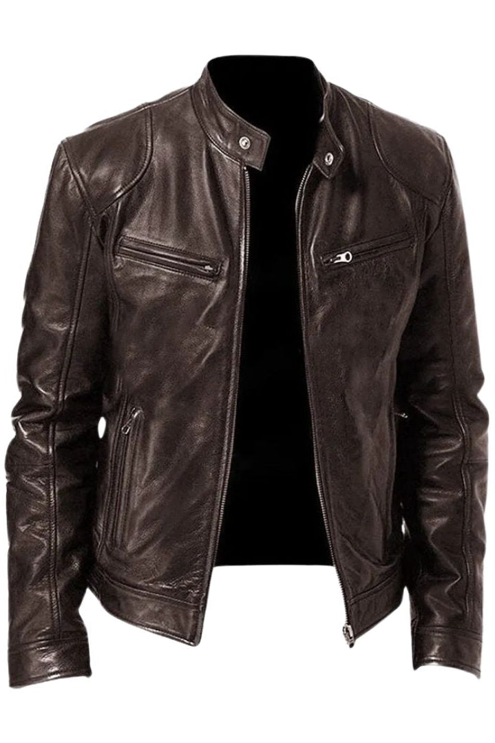 Texture shot of the khaki Alden leather jacket material, revealing the fine grain of the premium leather.
