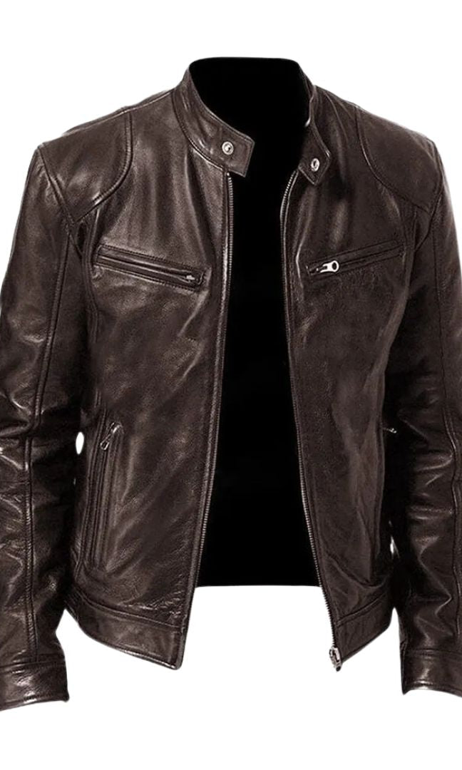 Texture shot of the khaki Alden leather jacket material, revealing the fine grain of the premium leather.