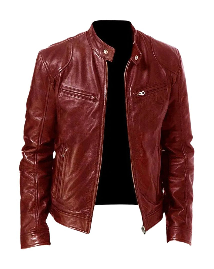 Front angle of a white Alden leather jacket, showcasing its clean lines and modern aesthetic.