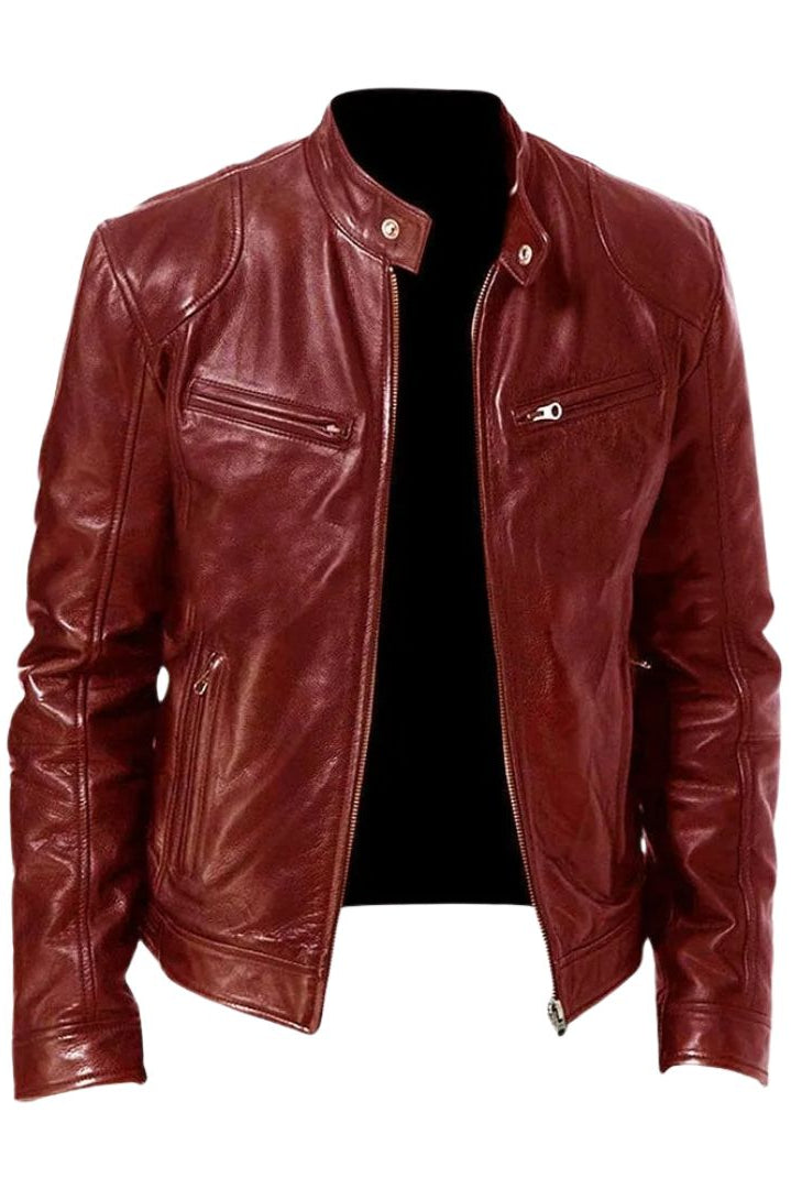 Front angle of a white Alden leather jacket, showcasing its clean lines and modern aesthetic.