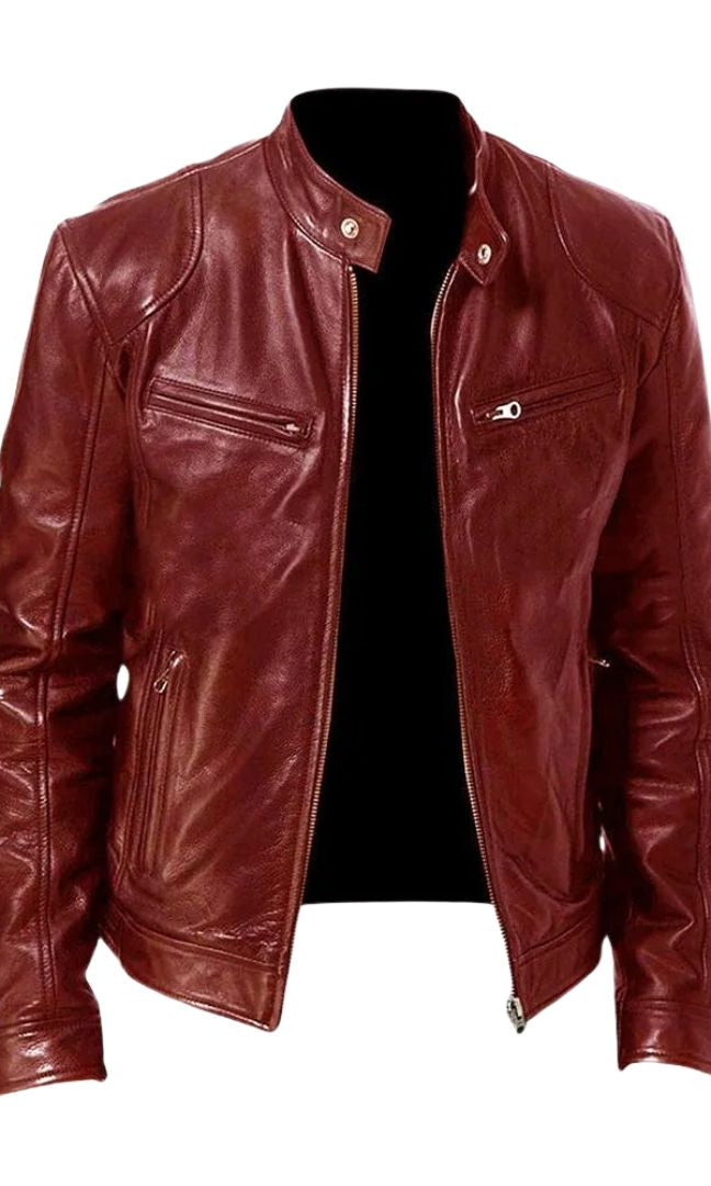 Front angle of a white Alden leather jacket, showcasing its clean lines and modern aesthetic.