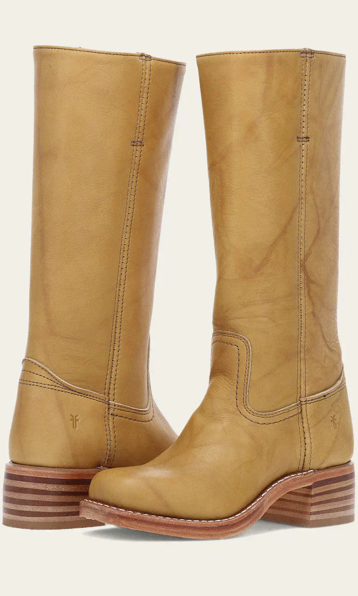 Front view of Calandra classic western boots in light brown, showcasing mid-calf height and stitching.