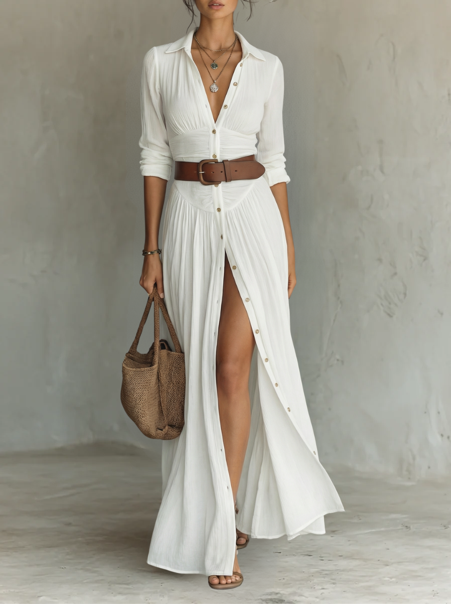 Front view of the white Seraphina linen blend maxi dress, showcasing its lapel collar and full pleated skirt.