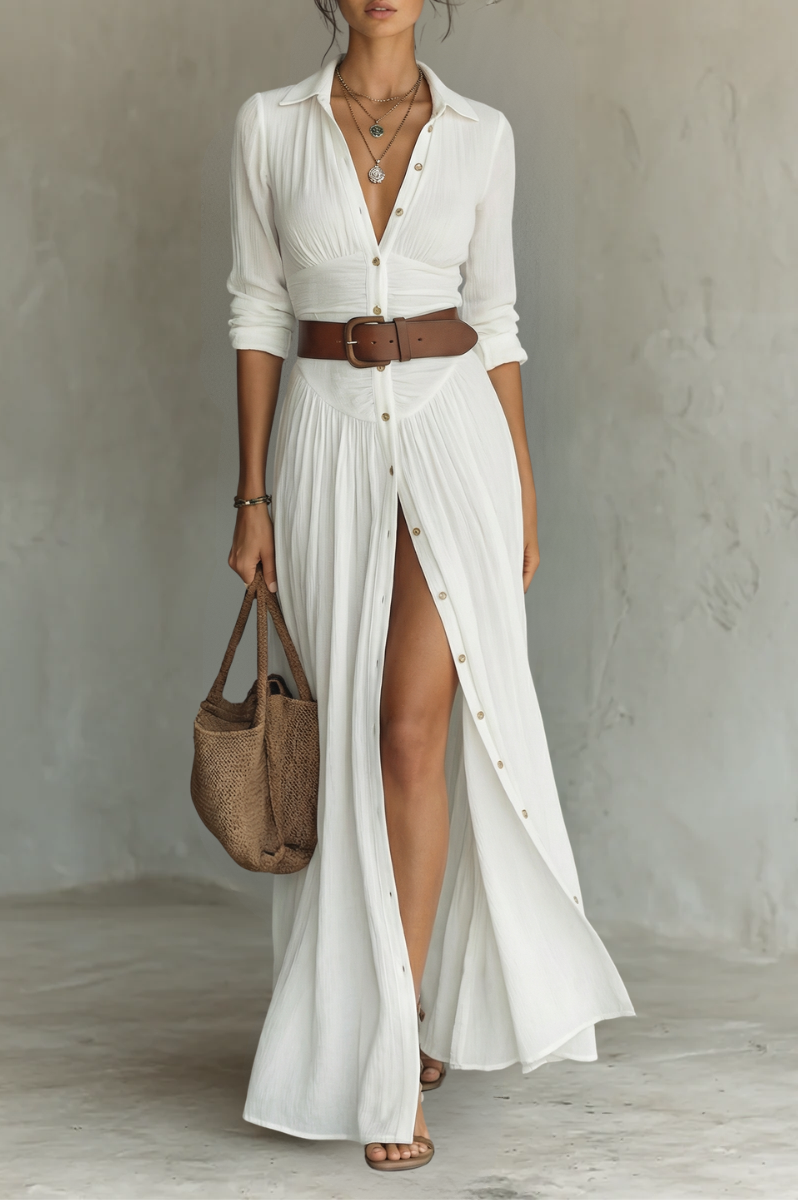Front view of the white Seraphina linen blend maxi dress, showcasing its lapel collar and full pleated skirt.