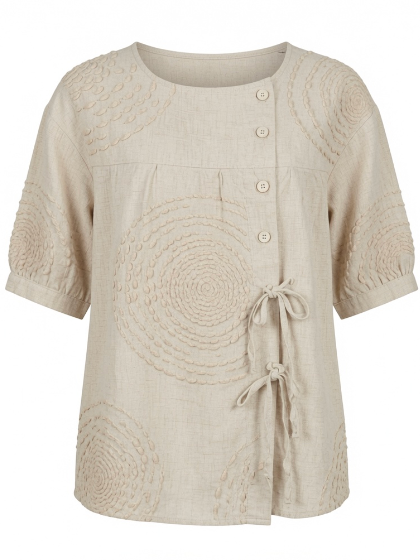 Close-up detail of the raised circular embroidery on the Seraphina casual top, highlighting its texture.