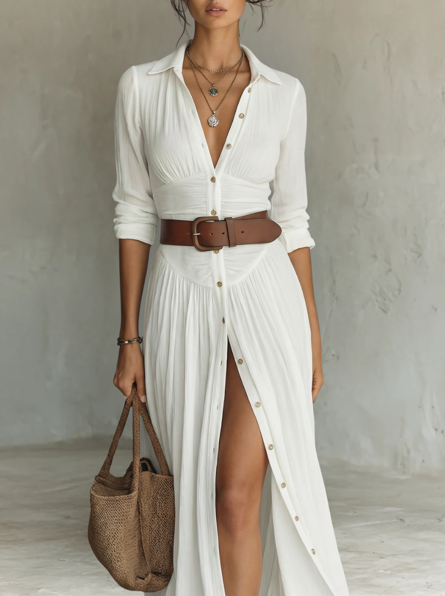 Side profile of a model wearing the brown Seraphina linen blend maxi dress, highlighting the flowing silhouette.
