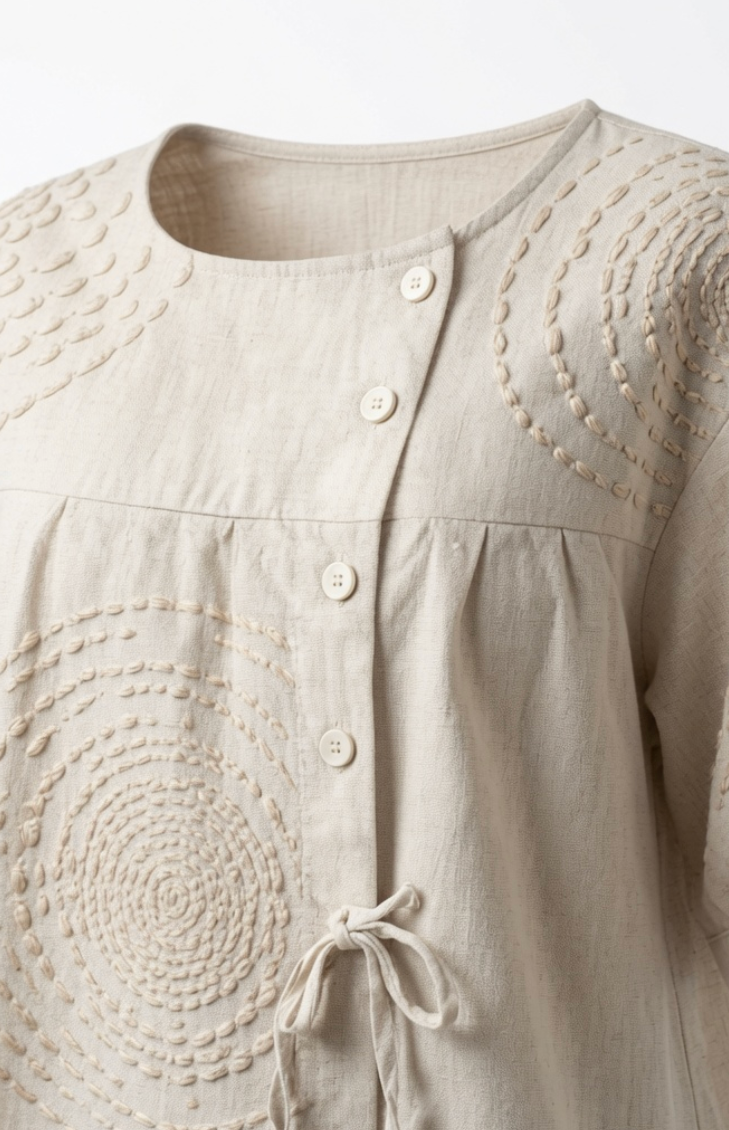 Side profile of the Seraphina casual top, illustrating the relaxed fit and the asymmetric button placket.
