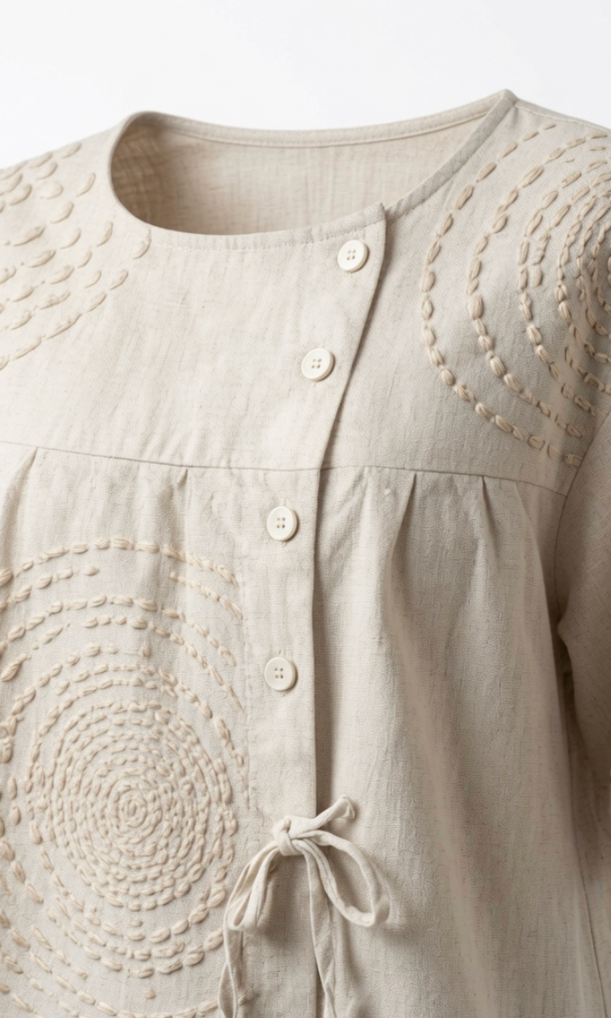 Side profile of the Seraphina casual top, illustrating the relaxed fit and the asymmetric button placket.