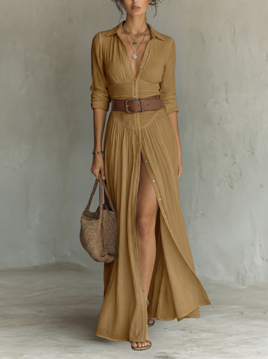 Lifestyle shot of the white Seraphina linen blend maxi dress styled with accessories for a daytime look.
